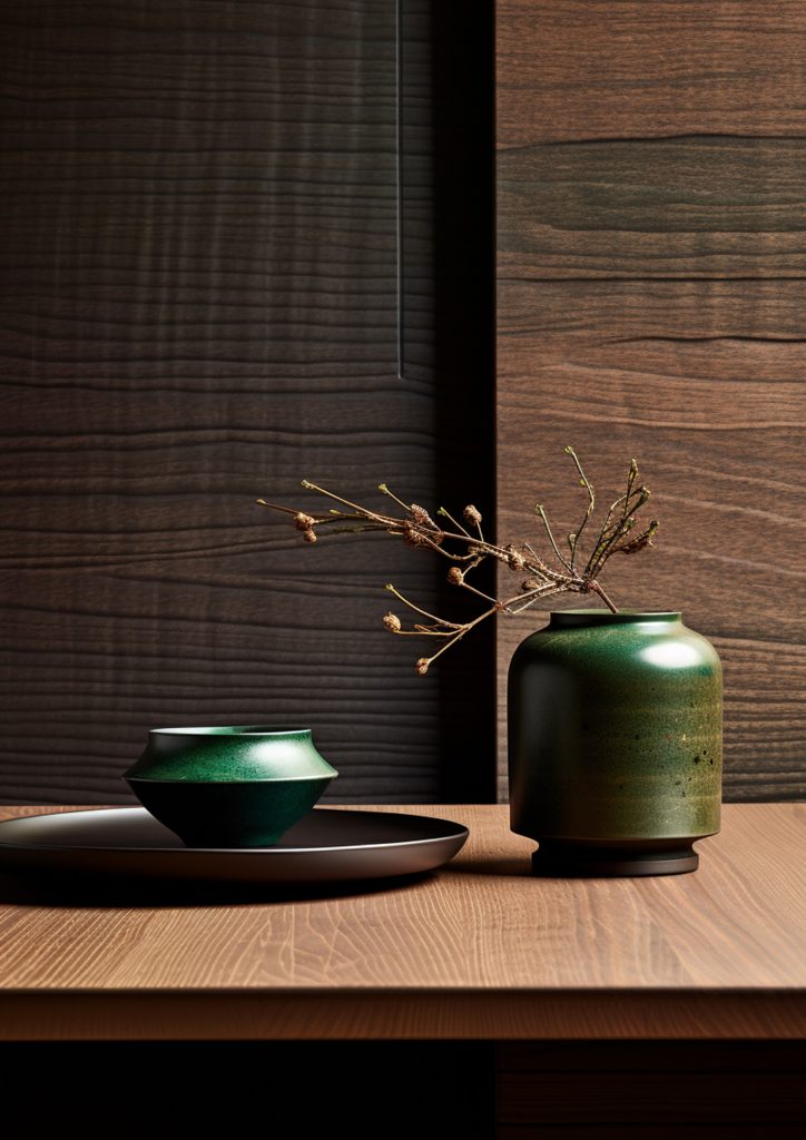 Décoration d'inspiration japonisante, dans les teintes de vert et bois foncé, pour un restaurant en Bretagne. Décoration choisis minutieusement par l'architecte d'intérieur Gabriel Loirat.