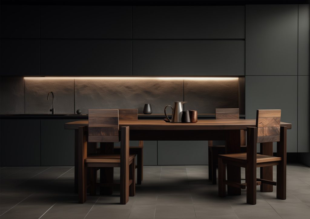 Rénovation et conception d'une cuisine linéaire noire matte. Une table et ses chaises en bois foncé de style brutaliste complète l'ensemble.